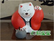 赤いはんてんを着ているねこ