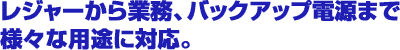 レジャーから業務、バックアップ電源まで様々な用途に対応。