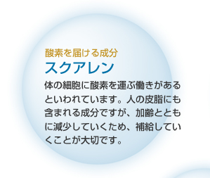 酵素を届ける成分 スクアレン 体の細胞に酸素を運ぶ働きがあるといわれています。人の皮脂にも含まれる成分ですが、加齢とともに減少していくため、補給していくことが大切です。