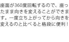 5.360度回転機能で、座ったまま向きを変えられます。